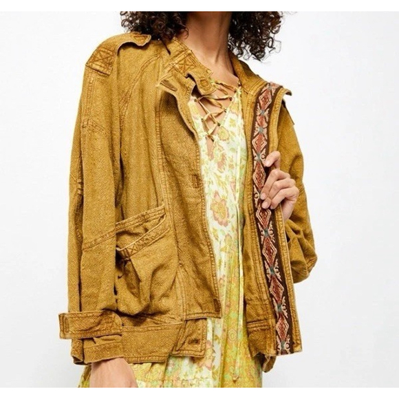 Free People Jackets & Blazers - Free People Jade Safari Bomber Jacket Embroidered Gold Brown Linen S Grunge